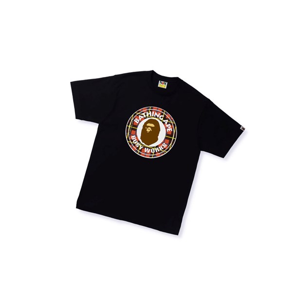 A BATHING APE Bape Logo Check Busy Works Tee Kurzes Sleeve T-shirts Herren Schwarz | 671342-NQU