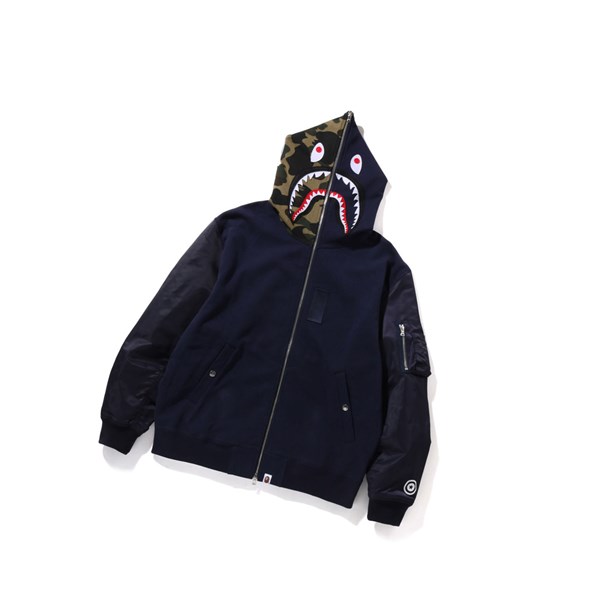 A BATHING APE Bape Military Shark Relaxed Fit Full Zip Throughs Hoodie Herren Navy Blau | 705964-NTF