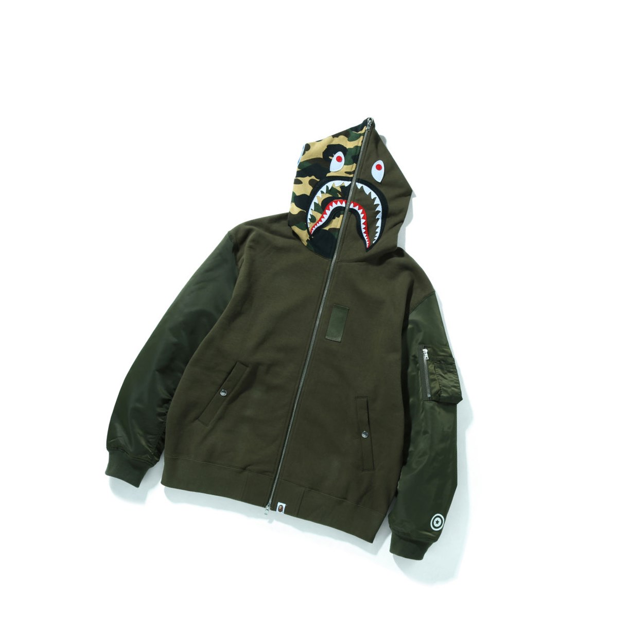 A BATHING APE Bape Military Shark Relaxed Fit Full Zip Throughs Hoodie Herren Grün | 301582-MUE