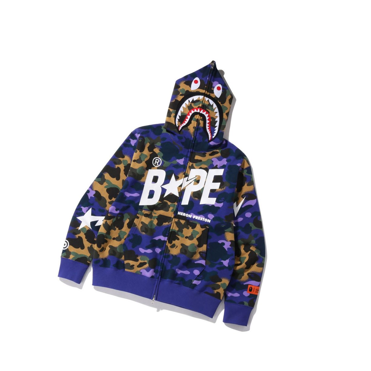 A BATHING APE Bape X Heron Preston Mix 1st Camo Shark Relaxed Full Zip Throughs Hoodie Herren Lila | 679418-MUB